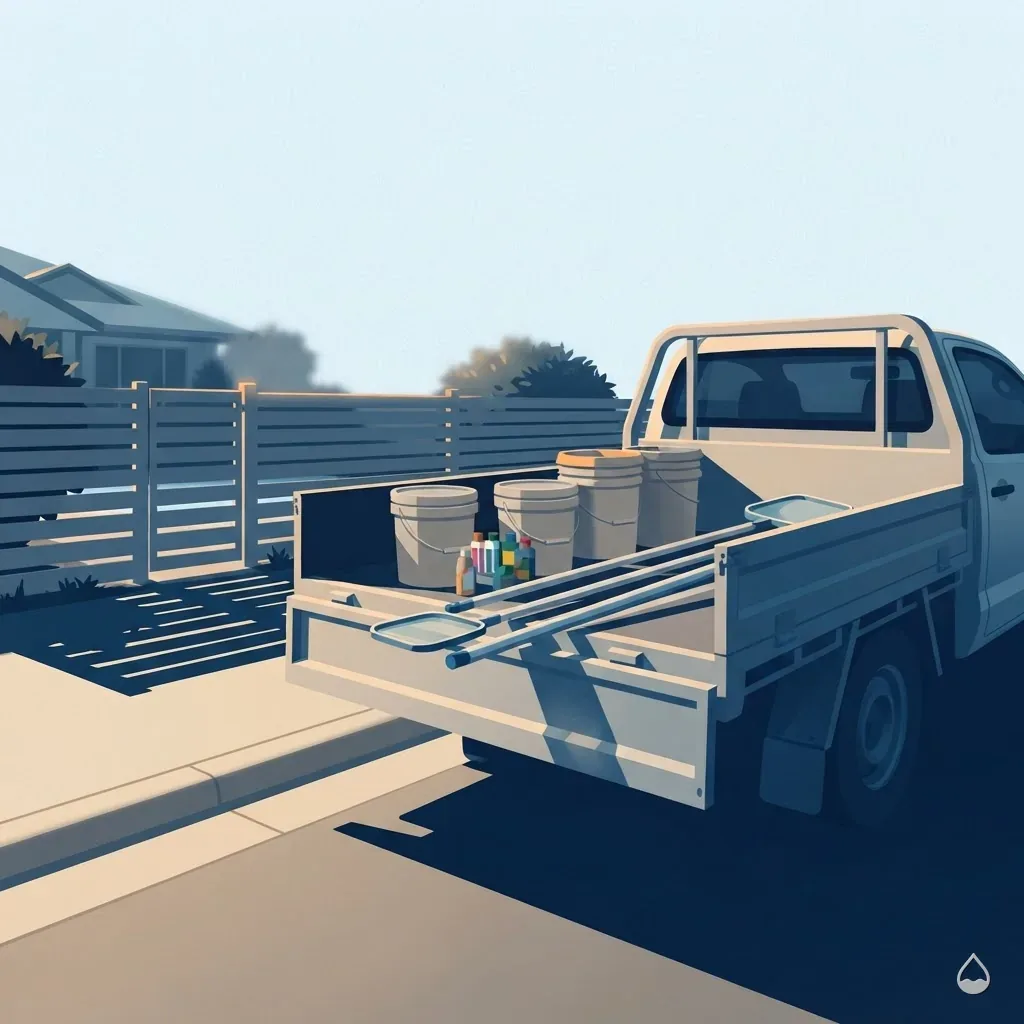 Painted square card: the open bed of a service truck loaded with chemical boxes, parked by a fence
