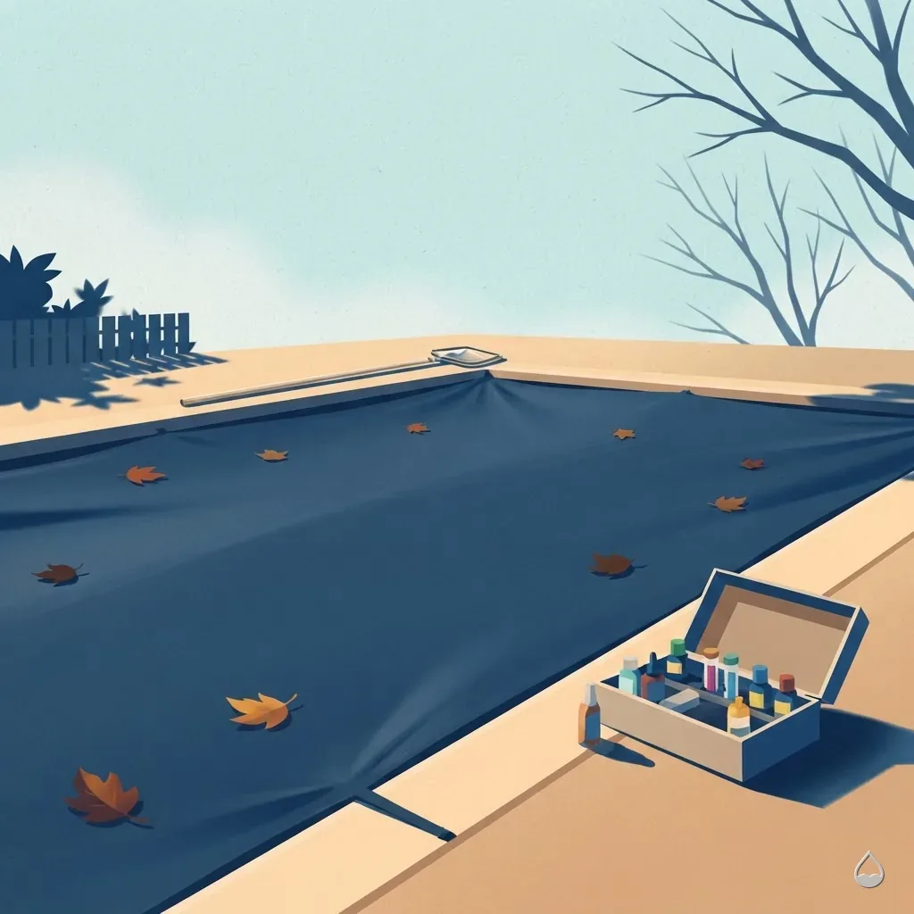 Painted square card: a pool half covered for winter with fallen leaves on the deck and a test kit on the coping