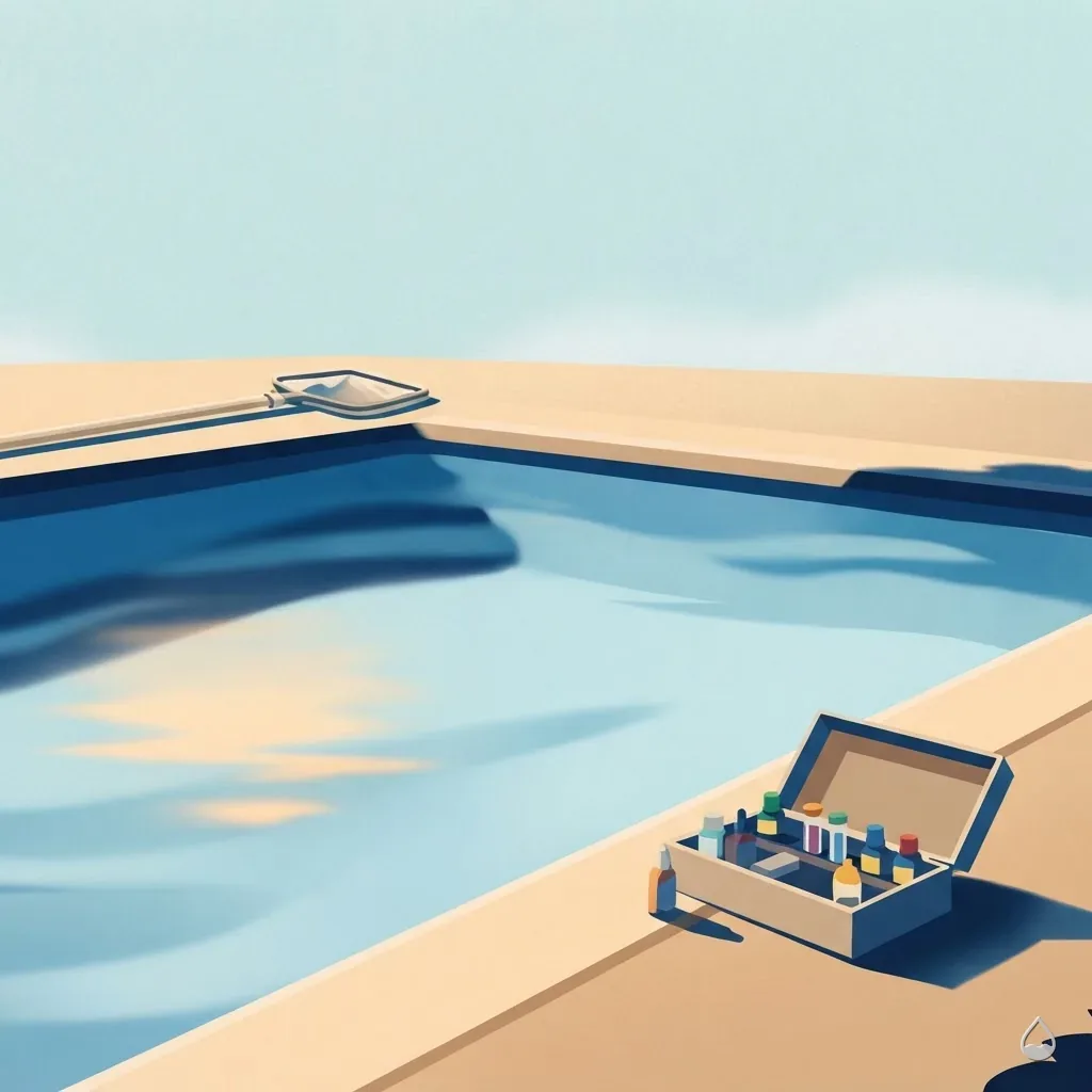 Painted square card: an open test kit of comparator tubes on the coping of a pale blue pool