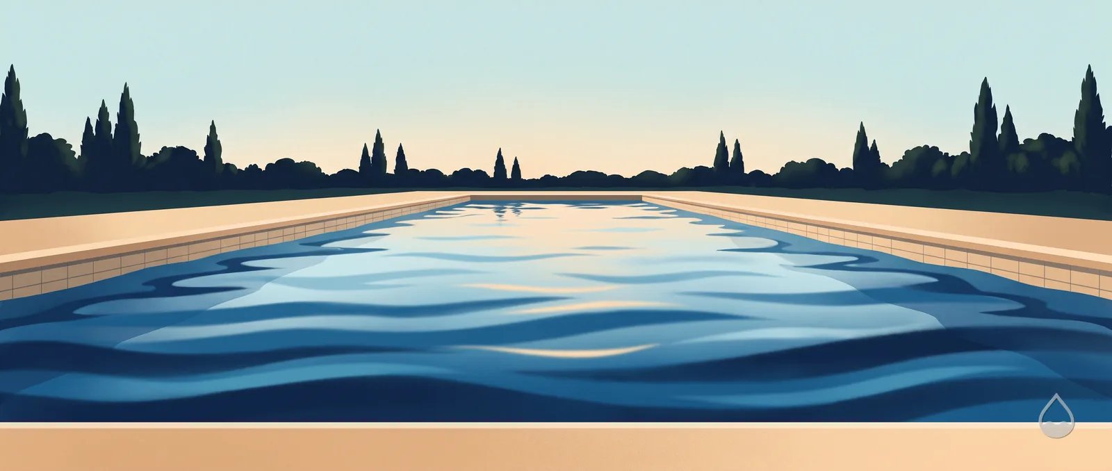 Painted view straight down the length of a lap pool at early evening, ripple bands running to a low horizon